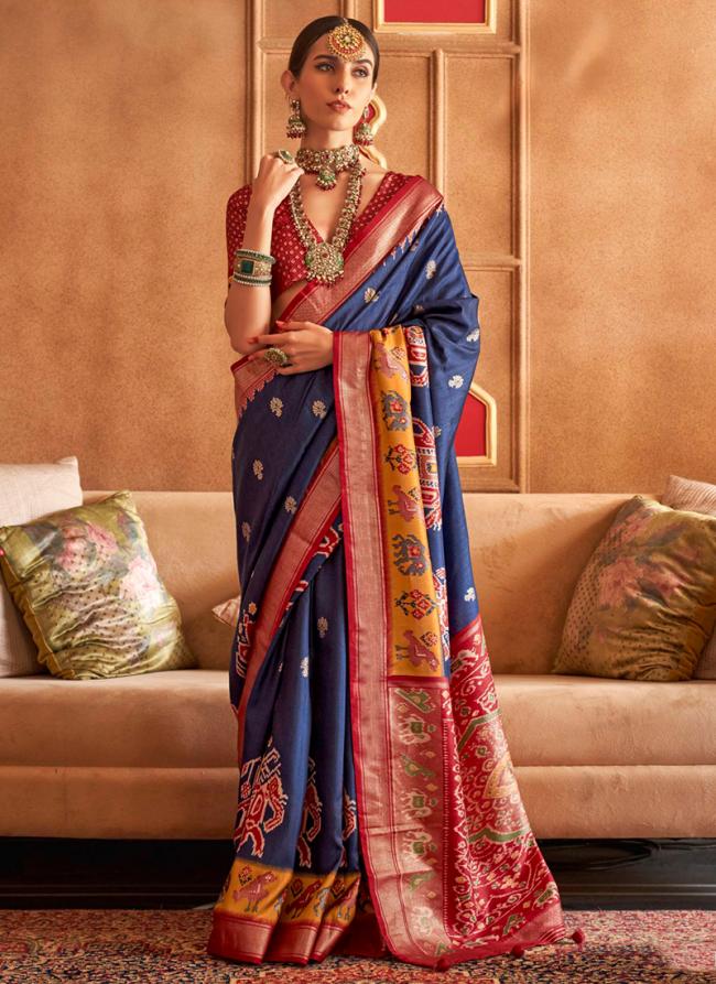 Silk Navy Blue Festival Wear Foil Printed Saree